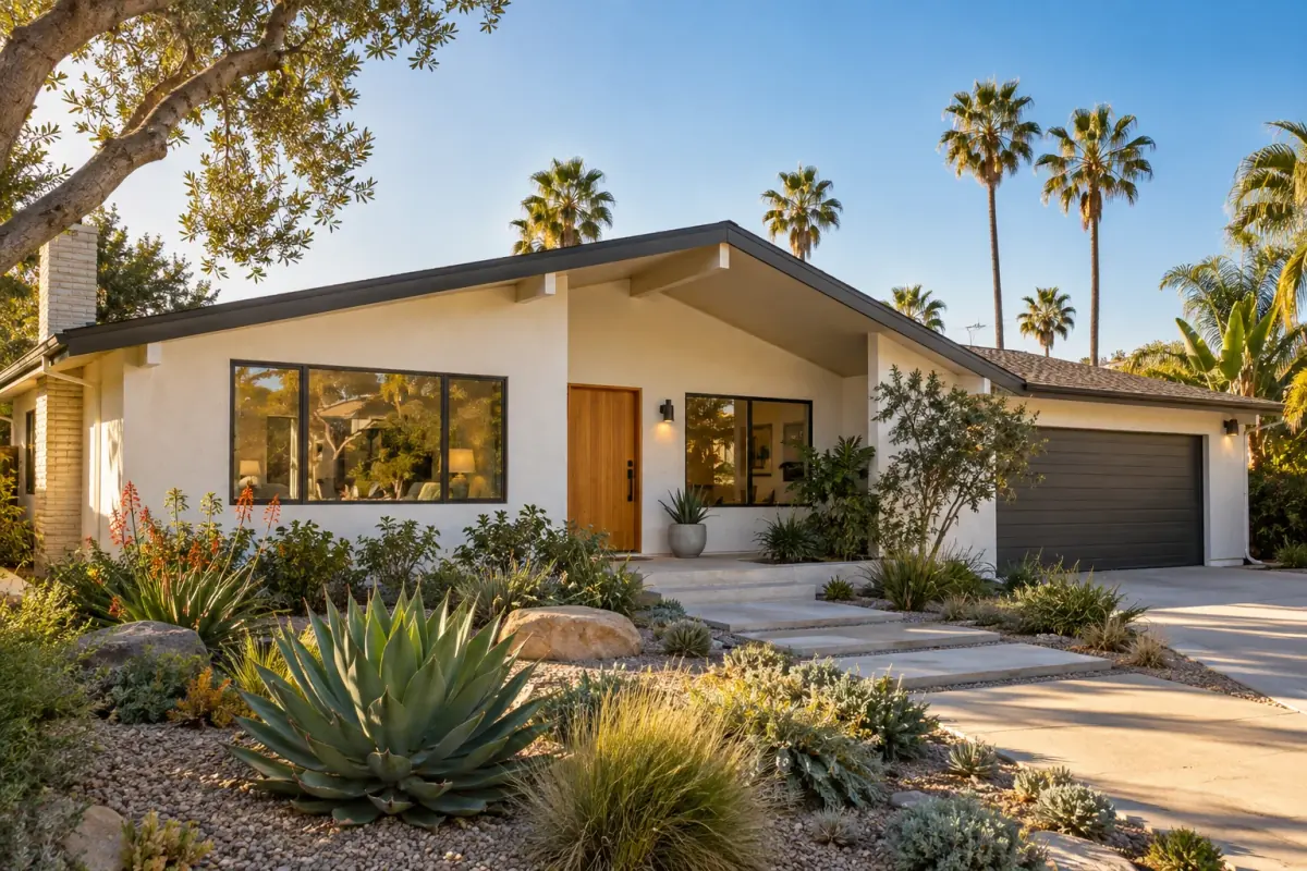 Illustration of a sunlit California home with palm trees and drought-tolerant landscaping